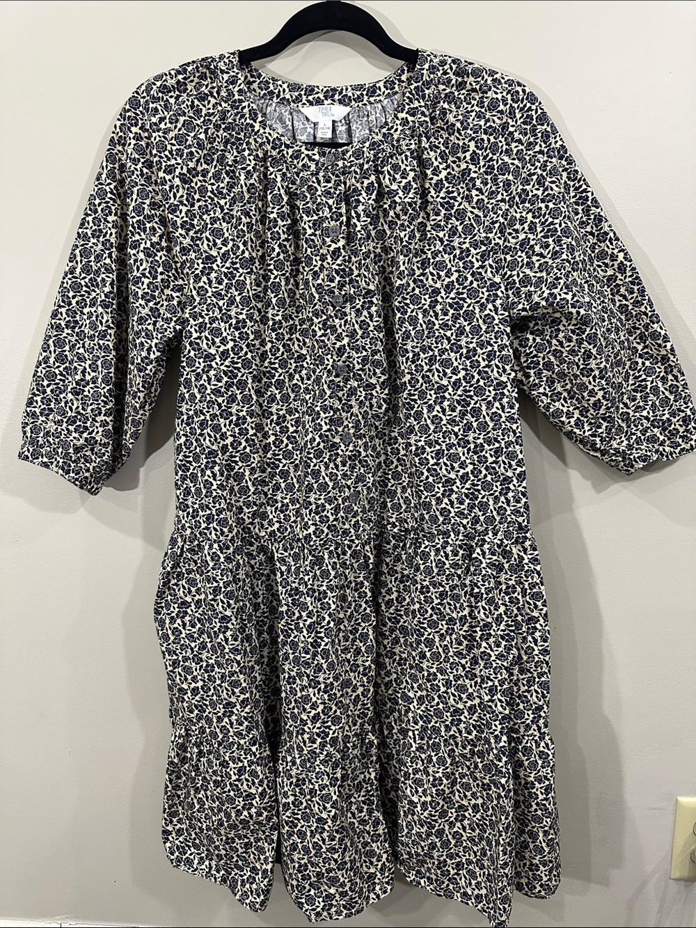 Women’s Navy/Cream Floral Tiered Dress with Peasant Neck and Sleeves